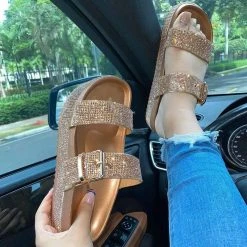 Nuheel® Platform Strappy Rhinestone Sandals For Women Slip On Flat Sandals