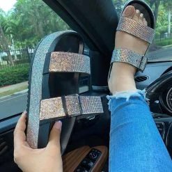 Nuheel® Platform Strappy Rhinestone Sandals For Women Slip On Flat Sandals