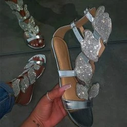 Nuheel® Womens Gladiator Flat Sandals Crystal Open Toe Rhinestone Sandals