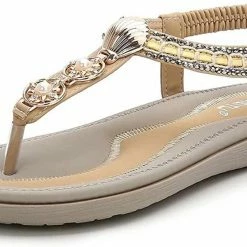 Nuheel® Woman Womens Summer Beach Flat Sandals Rhinestone Shiny Beads Slip On Flip Flops Thong Shoes