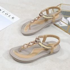 Nuheel® Woman Womens Summer Beach Flat Sandals Rhinestone Shiny Beads Slip On Flip Flops Thong Shoes