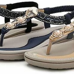 Nuheel® Woman Womens Summer Beach Flat Sandals Rhinestone Shiny Beads Slip On Flip Flops Thong Shoes