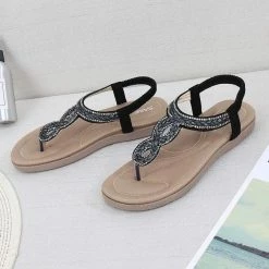 Nuheel® Woman Womens Summer Beach Flat Sandals Rhinestone Shiny Beads Slip On Flip Flops Thong Shoes