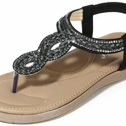 Nuheel® Woman Womens Summer Beach Flat Sandals Rhinestone Shiny Beads Slip On Flip Flops Thong Shoes