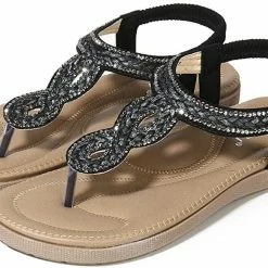 Nuheel® Woman Womens Summer Beach Flat Sandals Rhinestone Shiny Beads Slip On Flip Flops Thong Shoes