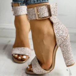 Nuheel® WOMENS Silver SANDALS PEEP TOE HEELS WITH SEQUIN SPARKLING GLITTER BUCKLE SHOES Heels Chunky Heel Party Pump Sandals Woman