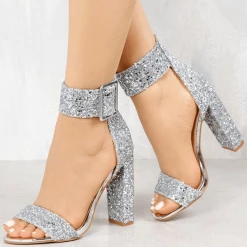 Nuheel® WOMENS Silver SANDALS PEEP TOE HEELS WITH SEQUIN SPARKLING GLITTER BUCKLE SHOES Heels Chunky Heel Party Pump Sandals Woman