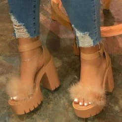 Nuheel® Women's Leatherette Chunky Heel Sandals Pumps Peep Toe Heels With Feather Shoes