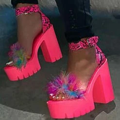 Nuheel® Women's Leatherette Chunky Heel Sandals Pumps Peep Toe Heels With Feather Shoes