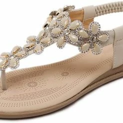 Nuheel® Women Rhinestone Sandals T-Strap Buckle Bohemian Pearl Crystal Flat Sandals