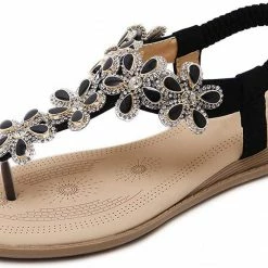 Nuheel® Women Rhinestone Sandals T-Strap Buckle Bohemian Pearl Crystal Flat Sandals