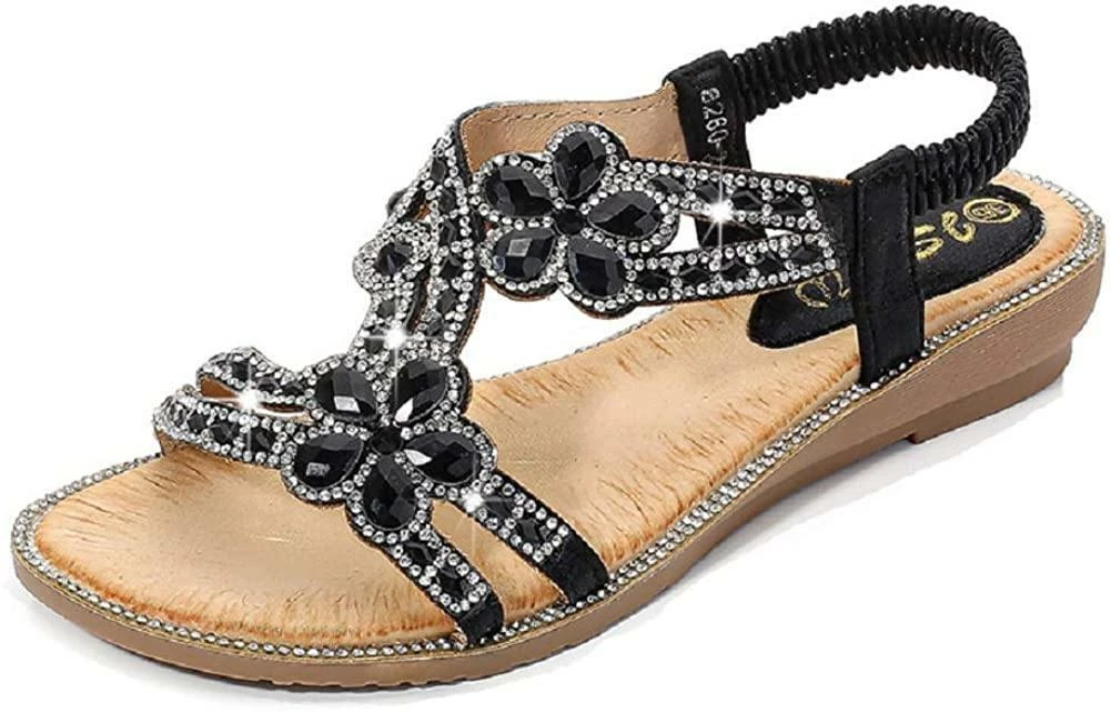 Nuheel® Women's T-Strap Beaded Flower Rhinestone Flat Sandals Dress Beach Shoes 14 Nuheel® Women's T-Strap Beaded Flower Rhinestone Flat Sandals Dress Beach Shoes