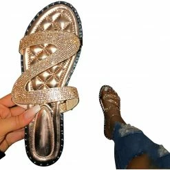Nuheel® Sandals For Women Rhinestone Bling Flat Beach Sandals Comfy Roman Sandal Shoes Flip Flops Slippers Woman