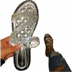 Nuheel® Sandals For Women Rhinestone Bling Flat Beach Sandals Comfy Roman Sandal Shoes Flip Flops Slippers Woman