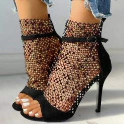 Nuheel® Fashion Studded Grid Mesh Open Toe Sandals Adjustable Buckle Thin Heels Woman