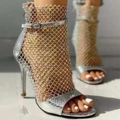 Nuheel® Fashion Studded Grid Mesh Open Toe Sandals Adjustable Buckle Thin Heels Woman