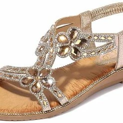 Nuheel® Women's T-Strap Beaded Flower Rhinestone Flat Sandals Dress Beach Shoes