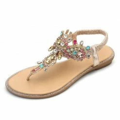 Nuheel® Women Rhinestone Sandals T-Strap Buckle Bohemian Pearl Crystal Flat Sandals