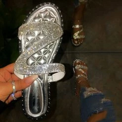 Nuheel® Sandals For Women Rhinestone Bling Flat Beach Sandals Comfy Roman Sandal Shoes Flip Flops Slippers Woman
