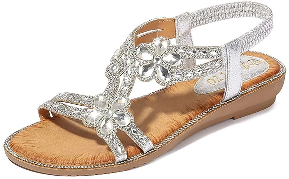 Nuheel® Women's T-Strap Beaded Flower Rhinestone Flat Sandals Dress Beach Shoes 7 Nuheel® Women's T-Strap Beaded Flower Rhinestone Flat Sandals Dress Beach Shoes