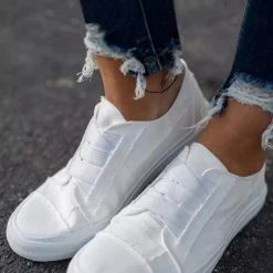 Nuheel® Woman Slip On Round Toe Flat Canvas Sneakers - White For Spring