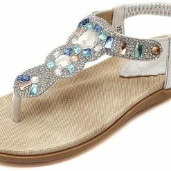 Nuheel® Women Rhinestone Sandals T-Strap Buckle Bohemian Pearl Crystal Flat Sandals