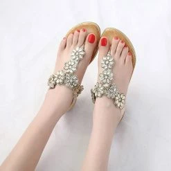 Nuheel® Women Rhinestone Sandals T-Strap Buckle Bohemian Pearl Crystal Flat Sandals