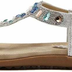 Nuheel® Women Rhinestone Sandals T-Strap Buckle Bohemian Pearl Crystal Flat Sandals
