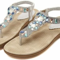 Nuheel® Women Rhinestone Sandals T-Strap Buckle Bohemian Pearl Crystal Flat Sandals