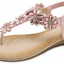 Nuheel® Women Rhinestone Sandals T-Strap Buckle Bohemian Pearl Crystal Flat Sandals