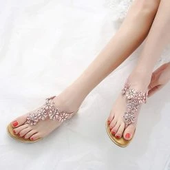 Nuheel® Women Rhinestone Sandals T-Strap Buckle Bohemian Pearl Crystal Flat Sandals