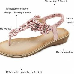 Nuheel® Women Rhinestone Sandals T-Strap Buckle Bohemian Pearl Crystal Flat Sandals