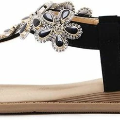 Nuheel® Women Rhinestone Sandals T-Strap Buckle Bohemian Pearl Crystal Flat Sandals