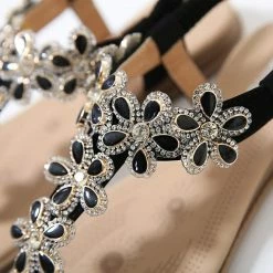 Nuheel® Women Rhinestone Sandals T-Strap Buckle Bohemian Pearl Crystal Flat Sandals