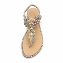 Nuheel® Women Rhinestone Sandals T-Strap Buckle Bohemian Pearl Crystal Flat Sandals