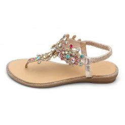 Nuheel® Women Rhinestone Sandals T-Strap Buckle Bohemian Pearl Crystal Flat Sandals