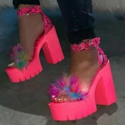 Nuheel® Women's Leatherette Chunky Heel Sandals Pumps Peep Toe Heels With Feather Shoes