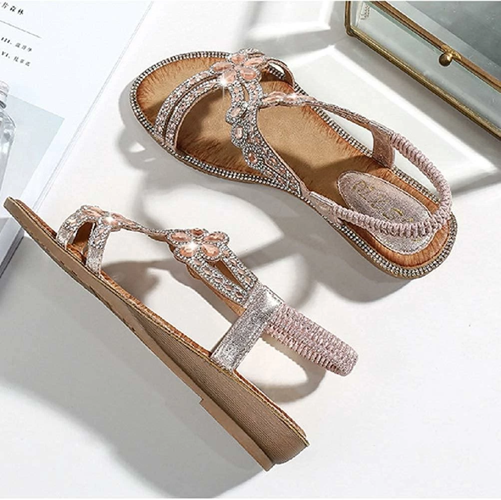 Nuheel® Women's T-Strap Beaded Flower Rhinestone Flat Sandals Dress Beach Shoes 23 Nuheel® Women's T-Strap Beaded Flower Rhinestone Flat Sandals Dress Beach Shoes