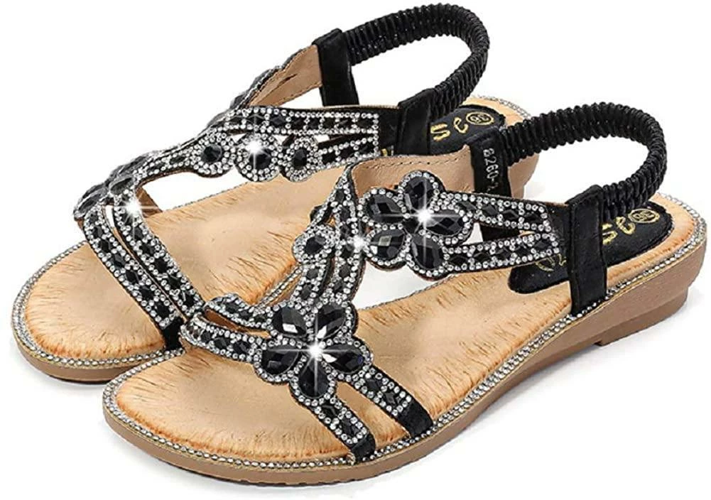 Nuheel® Women's T-Strap Beaded Flower Rhinestone Flat Sandals Dress Beach Shoes 16 Nuheel® Women's T-Strap Beaded Flower Rhinestone Flat Sandals Dress Beach Shoes