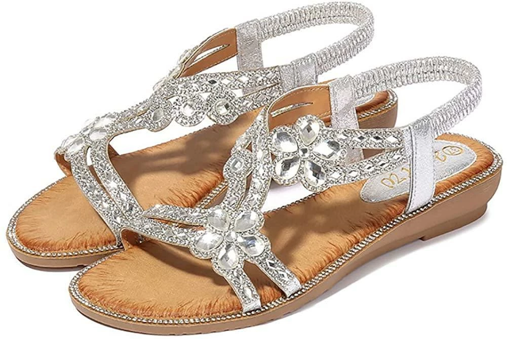 Nuheel® Women's T-Strap Beaded Flower Rhinestone Flat Sandals Dress Beach Shoes 11 Nuheel® Women's T-Strap Beaded Flower Rhinestone Flat Sandals Dress Beach Shoes