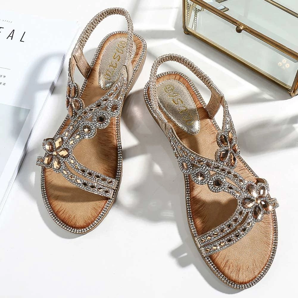 Nuheel® Women's T-Strap Beaded Flower Rhinestone Flat Sandals Dress Beach Shoes 4 Nuheel® Women's T-Strap Beaded Flower Rhinestone Flat Sandals Dress Beach Shoes
