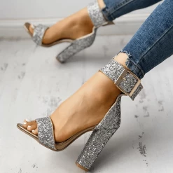 Nuheel® WOMENS Silver SANDALS PEEP TOE HEELS WITH SEQUIN SPARKLING GLITTER BUCKLE SHOES Heels Chunky Heel Party Pump Sandals Woman