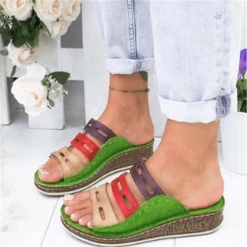 Nuheel® Woman Women Premium Orthopedic Open Toe Vintage Anti-Slip Breathable Sandals PU Wedge Heel Slippers With Hollow-out Shoes
