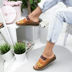 Nuheel® Woman Women Premium Orthopedic Open Toe Vintage Anti-Slip Breathable Sandals PU Wedge Heel Slippers With Hollow-out Shoes