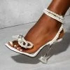 Nuheel® Women Pearls Bowtie Wedding Bride Shoes Square Toe Sandals PVC Transparent Crystal Perspex Heels