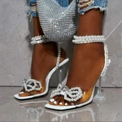 Nuheel® Women Pearls Bowtie Wedding Bride Shoes Square Toe Sandals PVC Transparent Crystal Perspex Heels