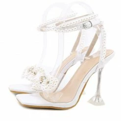 Nuheel® Women Pearls Bowtie Wedding Bride Shoes Square Toe Sandals PVC Transparent Crystal Perspex Heels