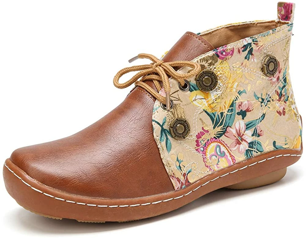 Nuheel® Vintage Ankle Boots Winter Flower Pattern Splicing Leather Boots Lace-Up 12 Nuheel® Vintage Ankle Boots Winter Flower Pattern Splicing Leather Boots Lace-Up