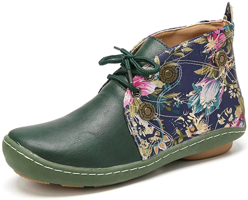 Nuheel® Vintage Ankle Boots Winter Flower Pattern Splicing Leather Boots Lace-Up 19 Nuheel® Vintage Ankle Boots Winter Flower Pattern Splicing Leather Boots Lace-Up