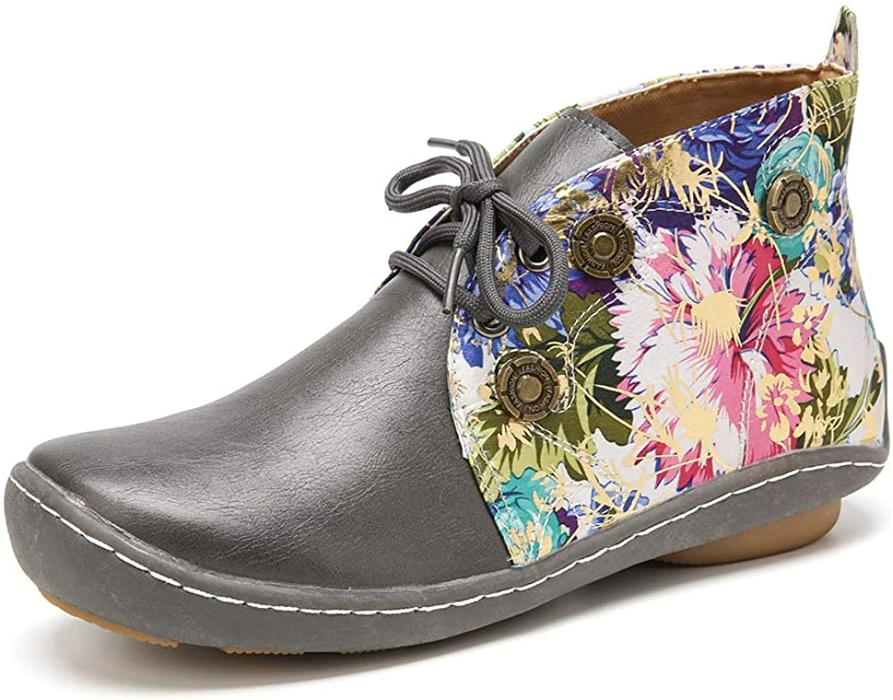 Nuheel® Vintage Ankle Boots Winter Flower Pattern Splicing Leather Boots Lace-Up 28 Nuheel® Vintage Ankle Boots Winter Flower Pattern Splicing Leather Boots Lace-Up
